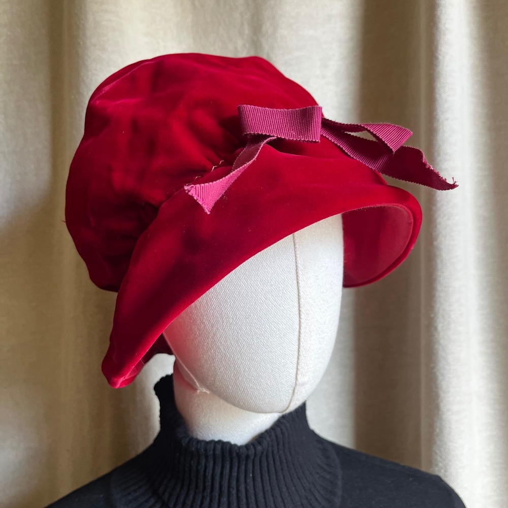 Vintage Red Velvet Tilt Hat Wide Brim Cocktail Hat Dramatic Statement Hat